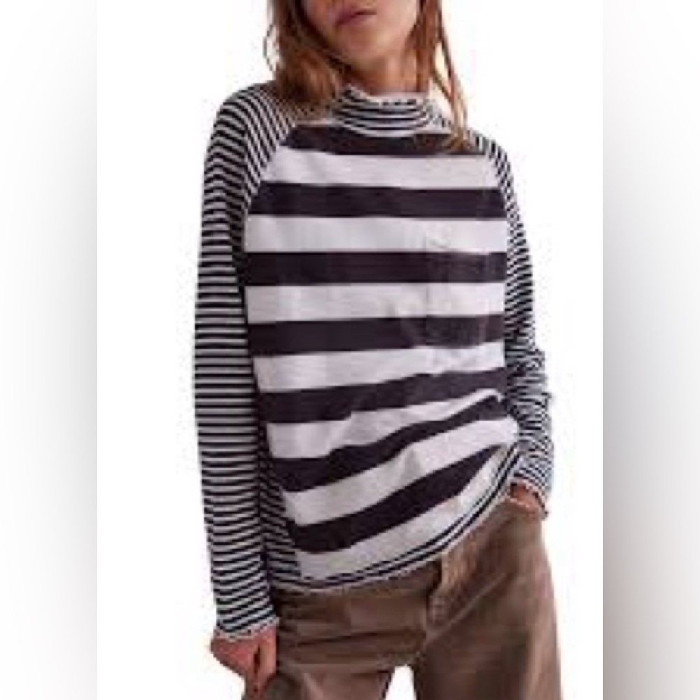 Free People "We The Free" Punk Playful Stripe Long Sleeve Mock Neck  Top.